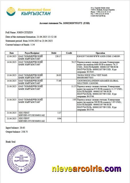 Kyrgyzstan Commercial Bank of Kyrgyzstan account statement Word and PDF